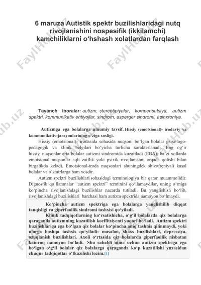autistik spektr buzilishlaridagi nutq rivojlanishi va psixologik-pedagogik xususiyatlari — DOCX