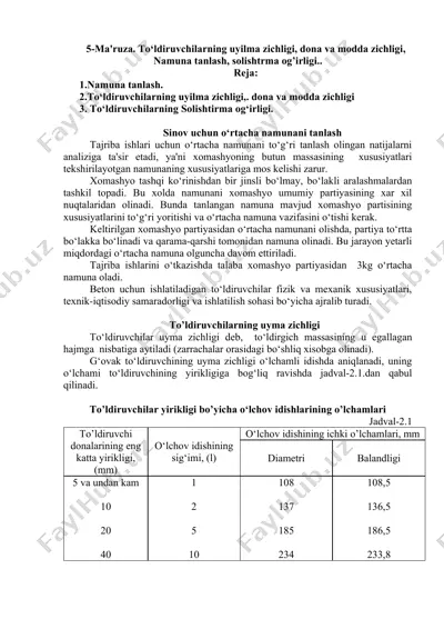 to‘ldiruvchilarning uyilma zichligi, dona va modda zichligi — DOCX