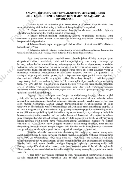 7-mavzu-iqtisodiy islohotlar, xususiy mulkchilikning shakllanishi. o‘zbekistonda bozor munosabatlarining rivojlanishi — DOCX