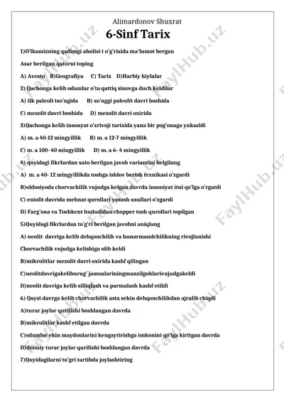 6-sinf tarix savollari va javob variantlari — DOCX