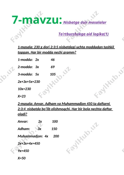 nisbatga doir masalalar va to‘rtburchakga oid logika — DOCX