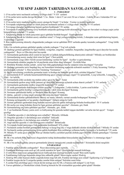 vii sinf jahon tarixidan savol-javoblar — DOCX