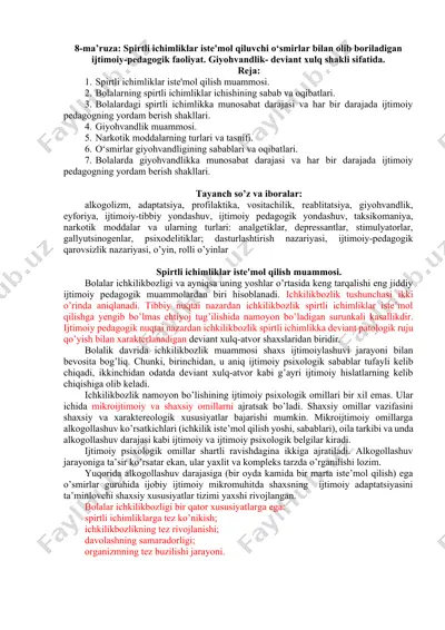 spirtli ichimliklar iste'mol qiluvchi o‘smirlar bilan olib boriladigan ijtimoiy-pedagogik faoliyat — DOCX