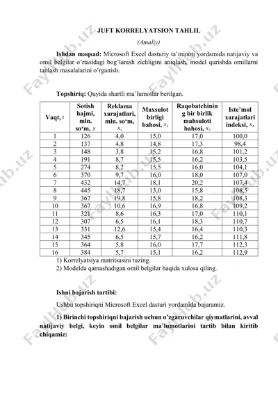 juft korrelyatsion tahlil (amaliy) — DOCX