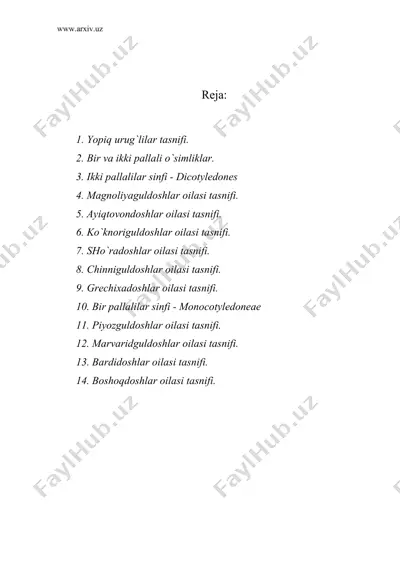 yopiq urug`li o`simliklar tasnifi.bir va ikkipallali o`simliklar. magnoliyadoshlar, ayiqtovondoshlar, ko`knoriguldoshlar, chinniguldoshlar, sho`radoshlar va grechixadoshlar oilalari — DOC