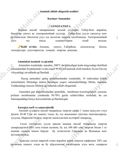 ammiak ishlab chiqarish usullari — DOCX