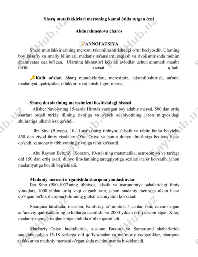 sharq mutafakkirlari merosining madaniy va ilmiy ahamiyati — DOCX