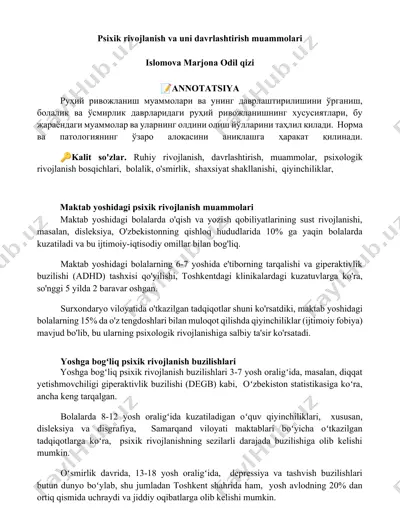 psixik rivojlanish va uni davrlashtirish muammolari — DOCX
