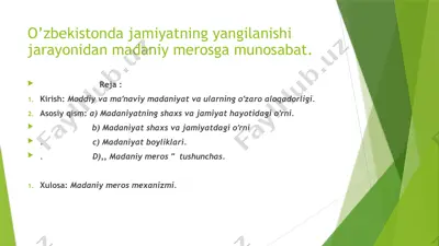 o’zbekistonda jamiyatning yangilanishi jarayonidan madaniy merosga munosabat — PPTX