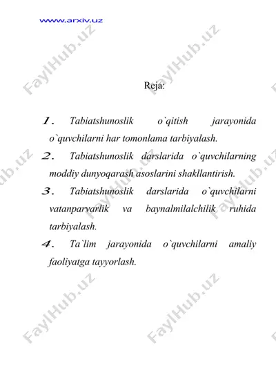 tabiatshunoslikni o`qitishning ta`lim-tarbiyaviy vazifalari — DOC