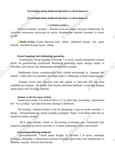 esxotologiyaning mohiyati: qiyomat va oxirat dunyosi — DOCX