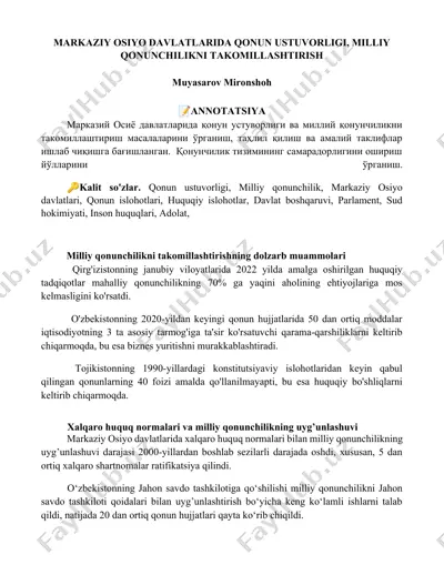 markaziy osiyo davlatlarida qonun ustuvorligi va milliy qonunchilikni takomillashtirish — DOCX
