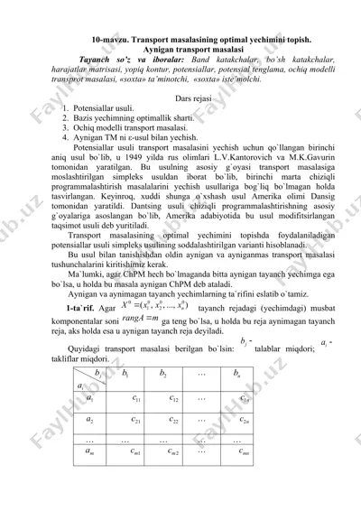 transport masalasining optimal yechimini topish — DOCX