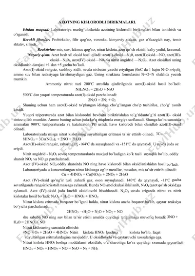 azotning kislorodli birikmalari laboratoriya mashg‘uloti — DOCX