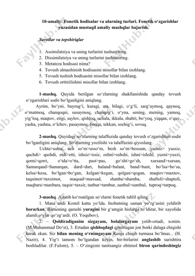 fonetik hodisalar va ularning turlari. fonetik o‘zgarishlar yuzasidan mustaqil amaliy mashqlar — DOCX