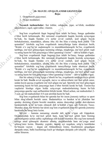ovqatlanish gigiyenasi va energiya sarflanishi hisoblash bo‘yicha taqdimot — DOCX