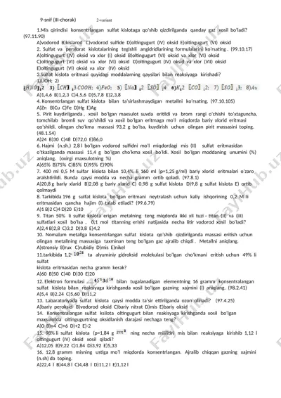 sulfat kislota bilan bog‘liq kimyo savollari to‘plami — DOCX