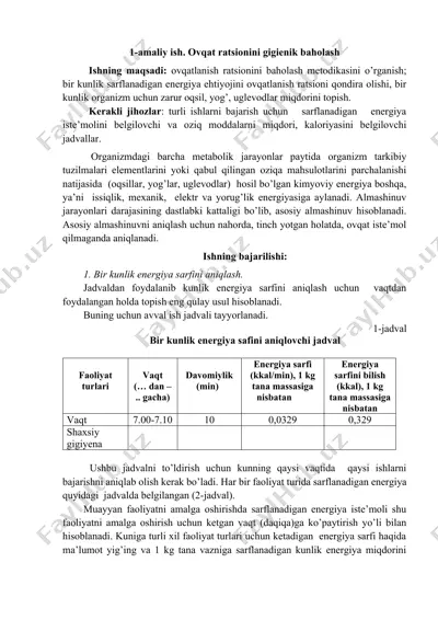 ovqat ratsionini gigienik baholash bo‘yicha amaliy ish — DOCX