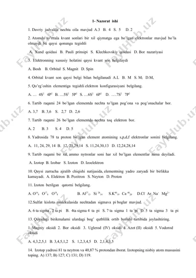 nazorat ishi to‘plami (kimyo, fizika, biologiya fanlari) — DOCX