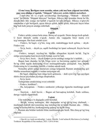 2-sinf ona tili va o‘qish savodxonligi darsligi “maktab – ikkinchi uyim” bo‘limi, “shippak” hikoyasi uchun dars materiali — DOCX