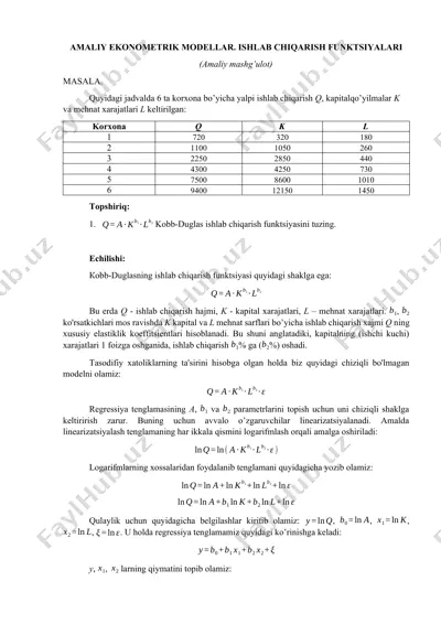 amaliy ekonometrik modellar. ishlab chiqarish funktsiyalari (amaliy mashg’ulot) — DOCX