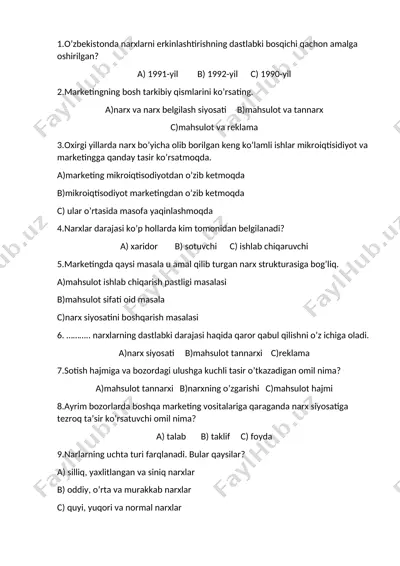 marketing va narx siyosati bo‘yicha test savollari — DOCX