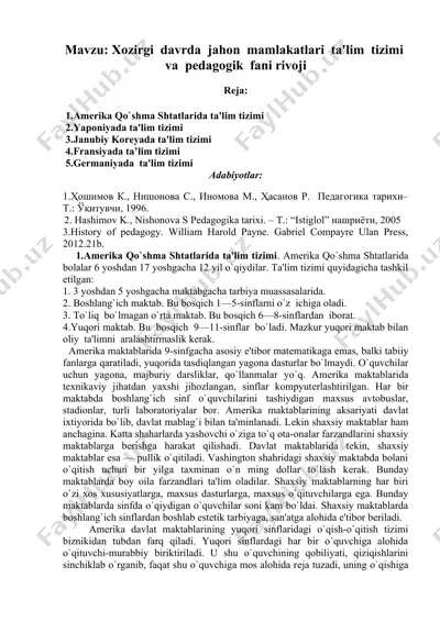 xozirgi davrda jahon mamlakatlari ta'lim tizimi va pеdagogik fani rivoji — DOCX