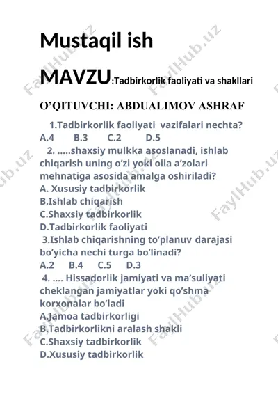 tadbirkorlik faoliyati va shakllari - mustaqil ish — DOCX