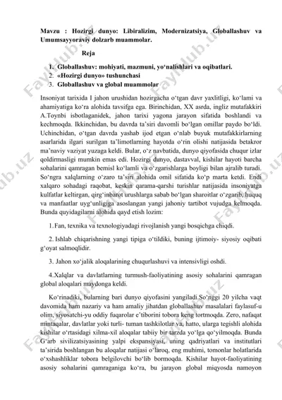 hozirgi dunyo: liberalizm, modernizatsiya, globallashuv va umumsayyoraviy dolzarb muammolar — DOCX