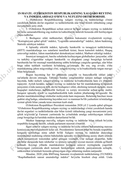 o'zbekiston respublikasining xalqaro reyting va indekslardagi o'rni va nufuzini oshirish bo'yicha chora-tadbirlar taqdimoti — DOCX