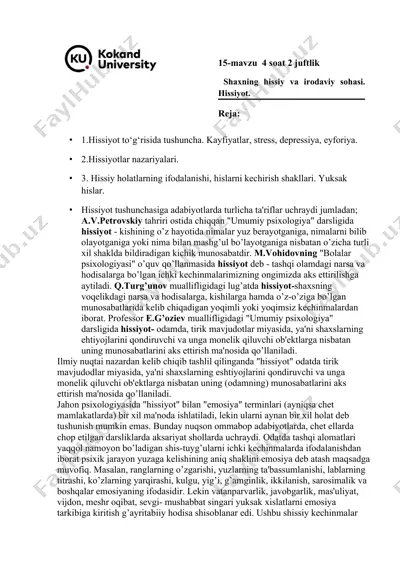 hissiyot tushunchasi va uning psixologik tahlili — DOCX