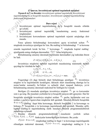 investitsiyani optimal taqsimlash masalasi — DOCX