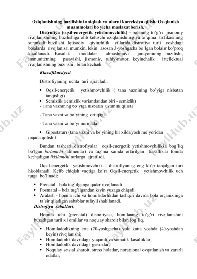 oziqlanish buzilishining turlari va ularni korreksiyasi haqidagi taqdimot — DOCX