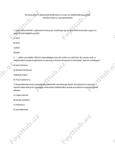 o'zbekistonda kichik biznes va xususiy tadbirkorlikning rivojlanishi bo'yicha test — DOCX