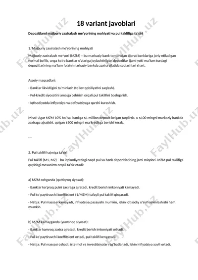 majburiy zaxiralash me’yorining mohiyati va pul taklifiga ta’siri — DOCX