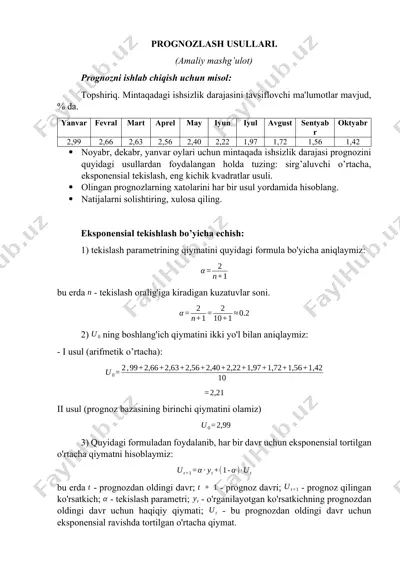 prognozlash usullari bo‘yicha amaliy mashg‘ulot — DOCX