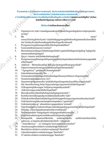farmatsiya uchun savollar ro'yxati — DOCX