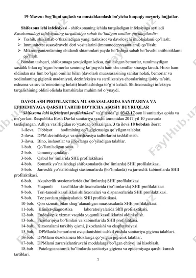 sog’liqni saqlash va mustahkamlash bo’yicha huquqiy meyoriy hujjatlar — DOCX