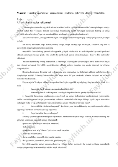 sayyohlik markazlari xizmatlarini reklama qiluvchi davriy manbalar — DOCX