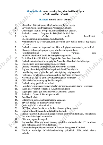 akusherlik ishi mutaxassisligi bo’yicha og'zaki savollar ro'yxati — DOCX