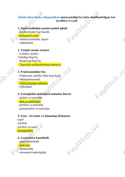 klinik laboratoriya diagnostikasi test savollari — DOCX