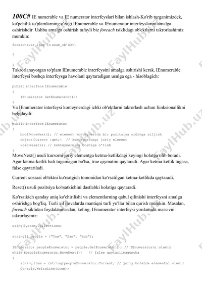 ienumerable va ienumerator interfeyslari bilan ishlash haqida taqdimot — DOCX