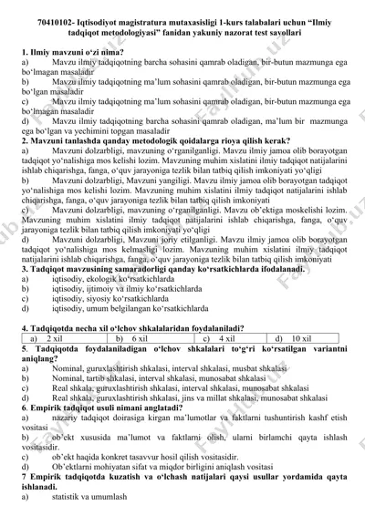 ilmiy tadqiqot metodologiyasi fanidan yakuniy nazorat test savollari — DOCX