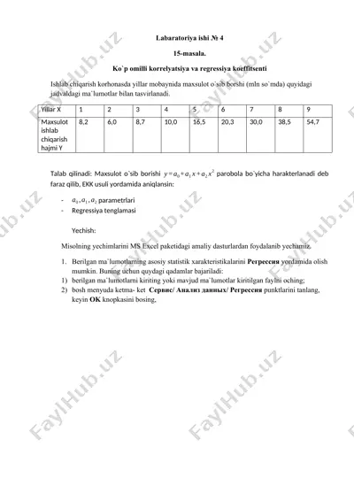 ko‘p omilli korrelyatsiya va regressiya koeffitsenti bo‘yicha laboratoriya ishi №4 — DOCX