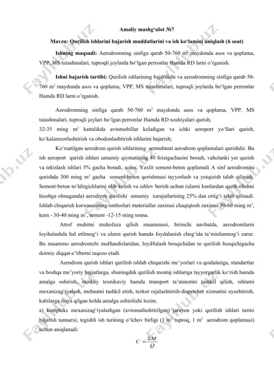 aerodrom qurilish ishlari bo‘yicha amaliy mashg‘ulot №7 — DOCX
