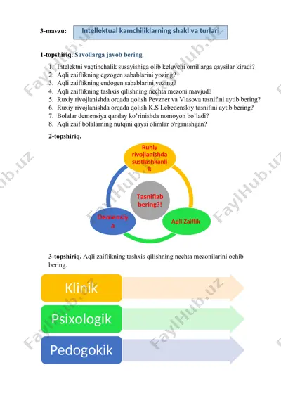 aqli zaiflik va ruxiy rivojlanish mavzusidagi savollar to‘plami — DOCX
