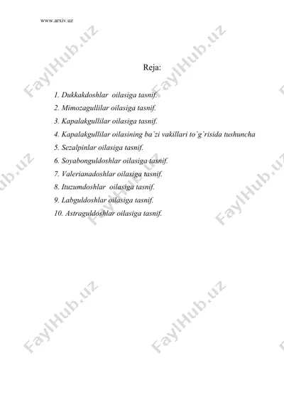 dukkakdoshlar, soyabonguldoshlar, valerianadoshlar, ituzumdoshlar, labguldoshlar va astraguldoshlar oilalari — DOC