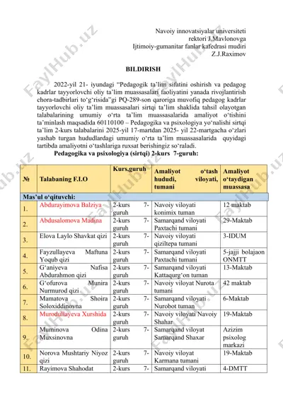 pedagogika va psixologiya (sirtqi) 2-kurs talabalarining umumiy o‘rta ta’lim muassasalarida amaliyoti — DOCX
