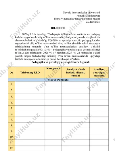 pedagogika va psixologiya yo‘nalishi sirtqi ta’lim 2-kurs talabalari amaliyoti — DOCX