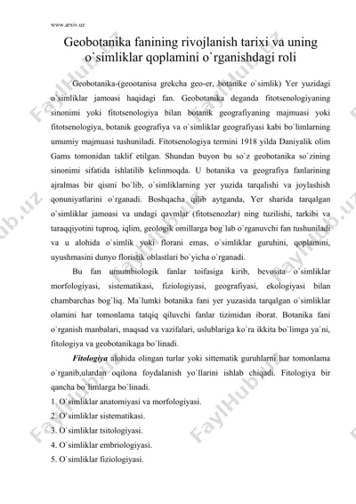 geobotanika fanining rivojlanish tarixi va uning o`simliklar qoplamini o`rganishdagi roli — DOC